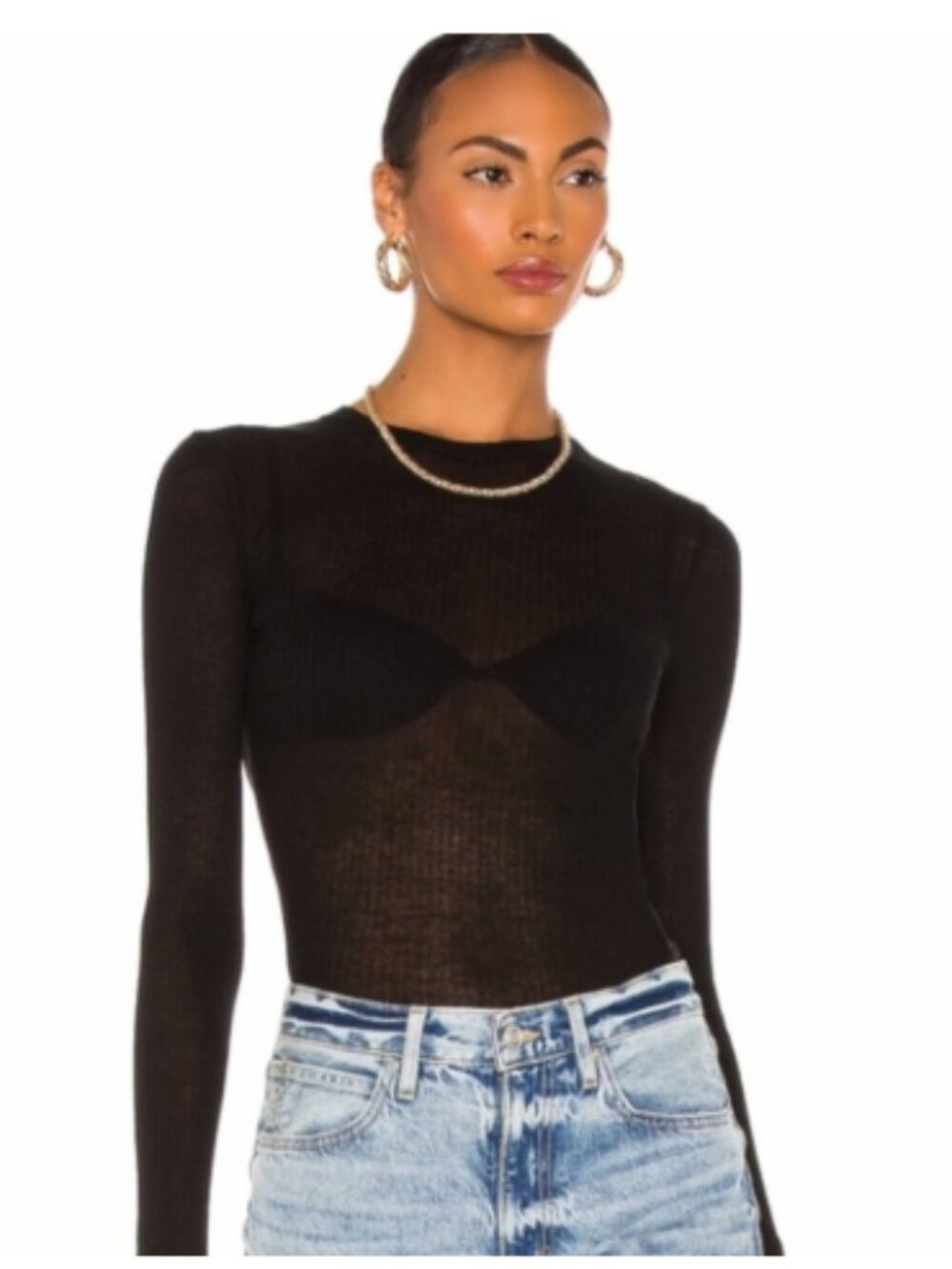Vince Black Silver Metallic Thread Semi Sheer Long Sleeve Fitted Rib Knit Top M